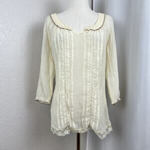 Y2K‎ Maurices Top Womens Small Cream Sheer Lace Hem Boho Cottagecore Prairie